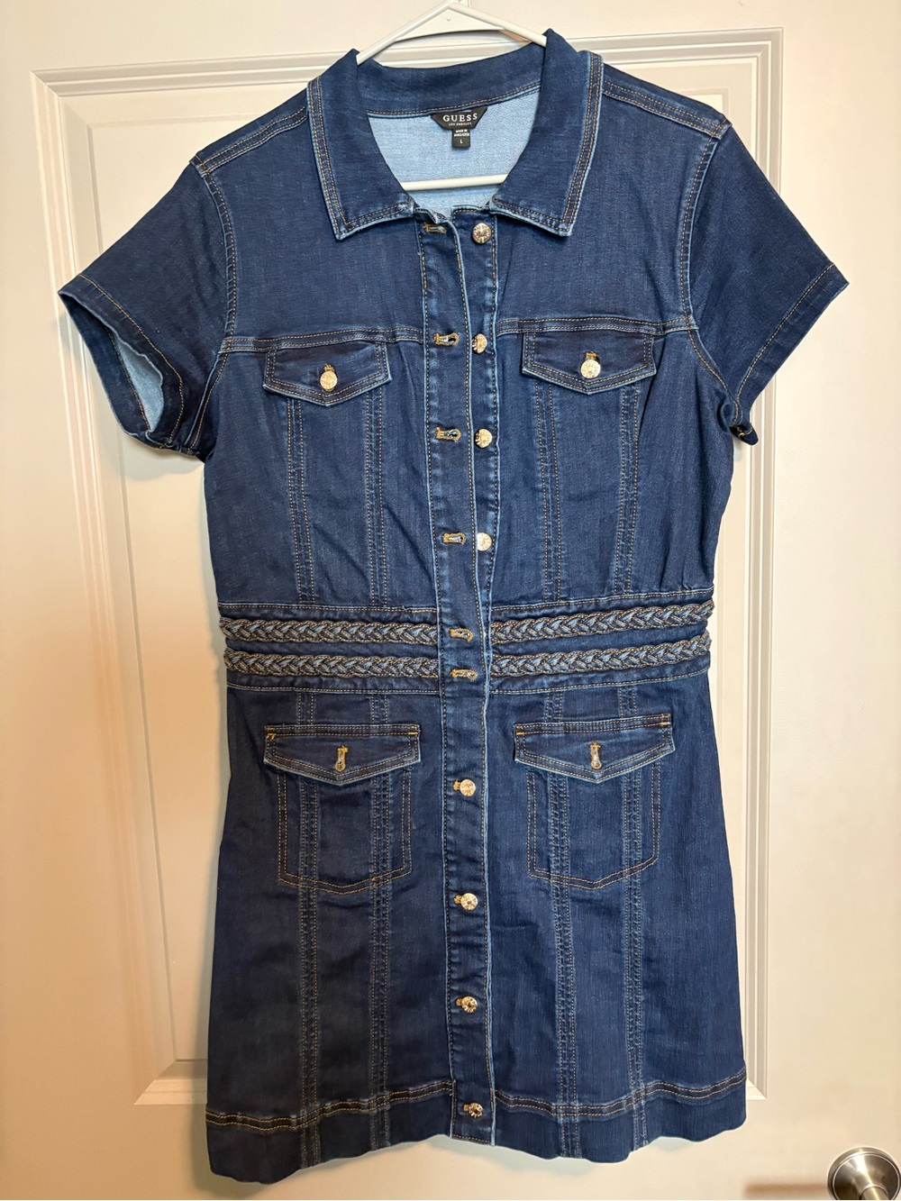 Guess Denim Button-Front Mini Dress in Dark Blue